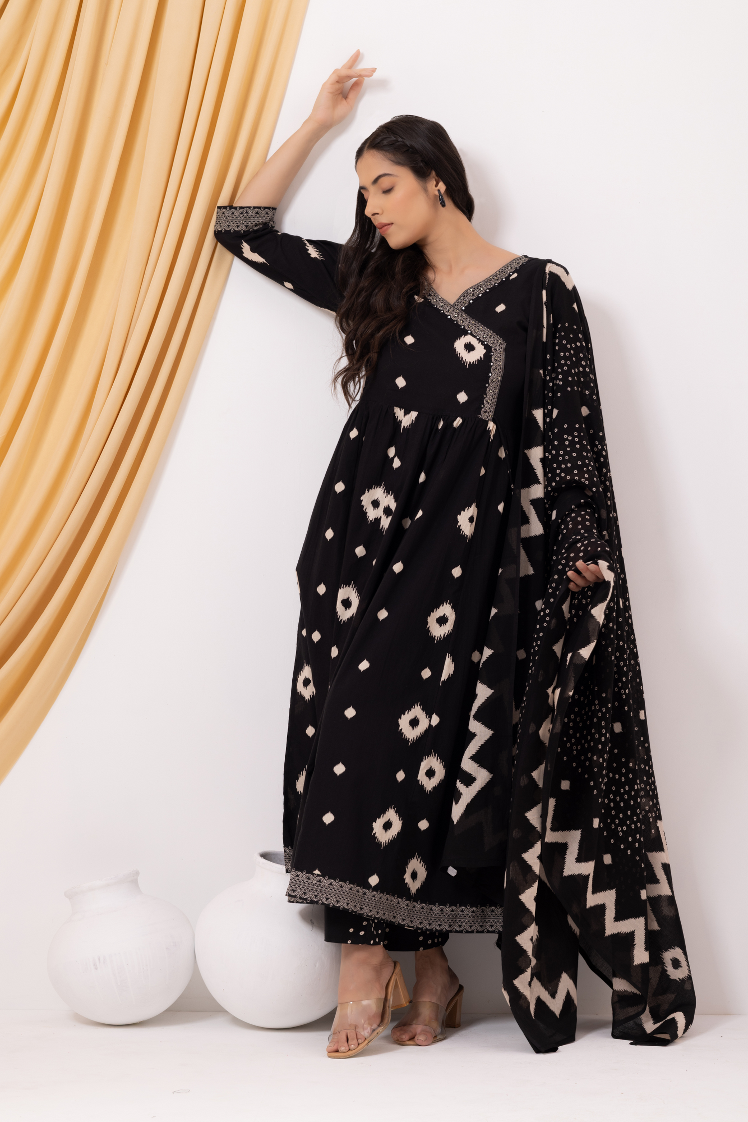 Black Cotton Printed Angrakha Anarkali Suit Set