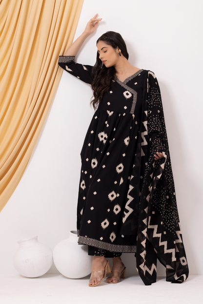 Black Cotton Printed Angrakha Anarkali Suit Set