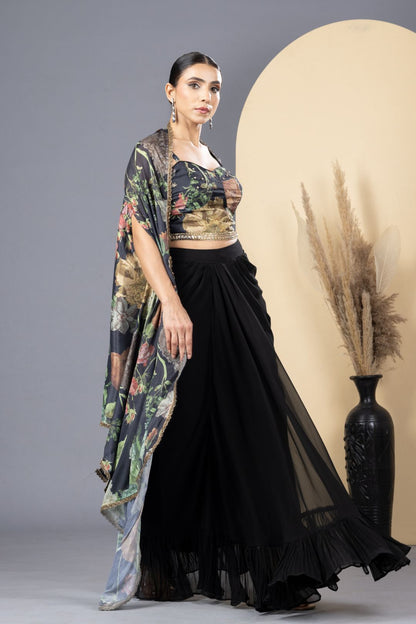 Black Floral Print Drape Skirt, Choli &amp; Cape Set