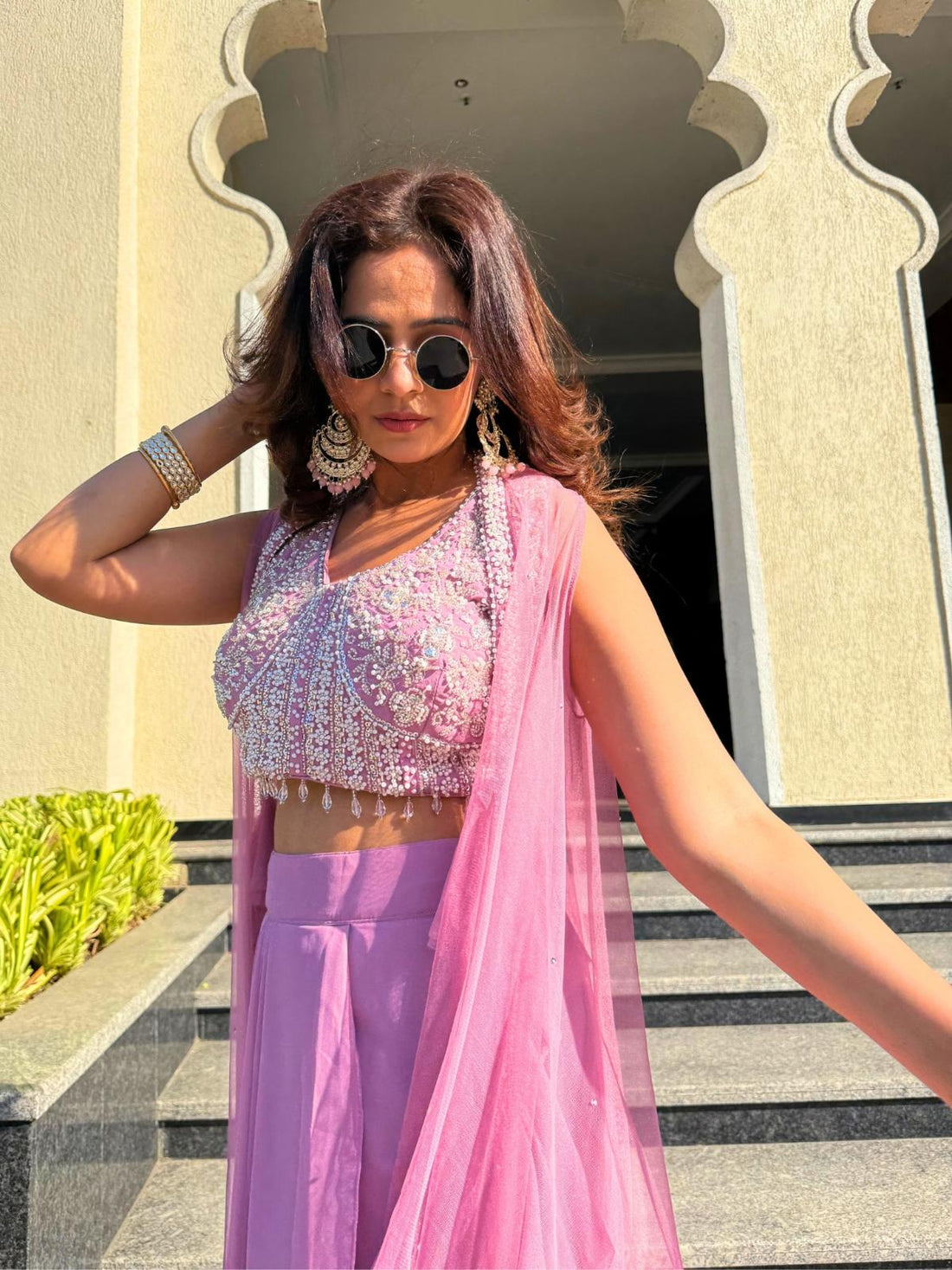 Pink Embellished Cape Set with Pleated Skirt