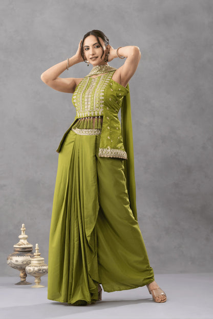 Green Embroidered Peplum Top with Draped Skirt