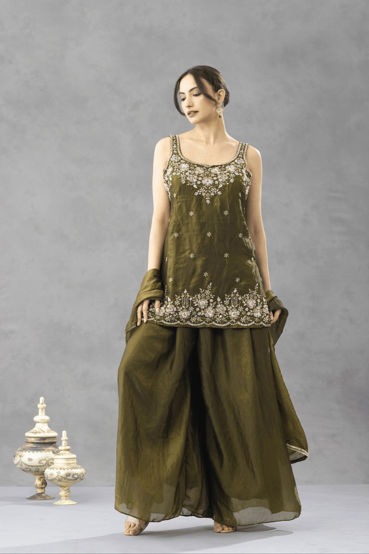 Deep Olive Green Embroidered Kurta Palazzo Set