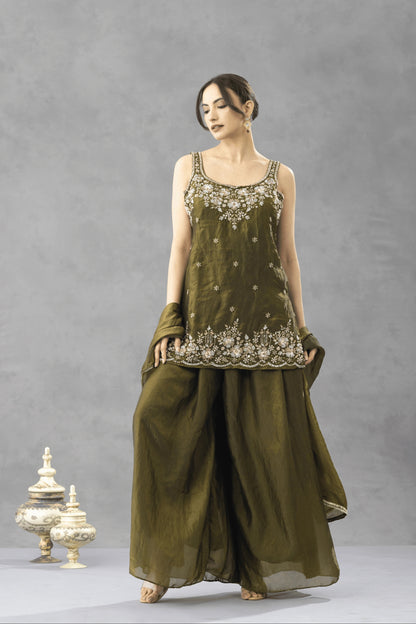 Deep Olive Green Embroidered Kurta Palazzo Set