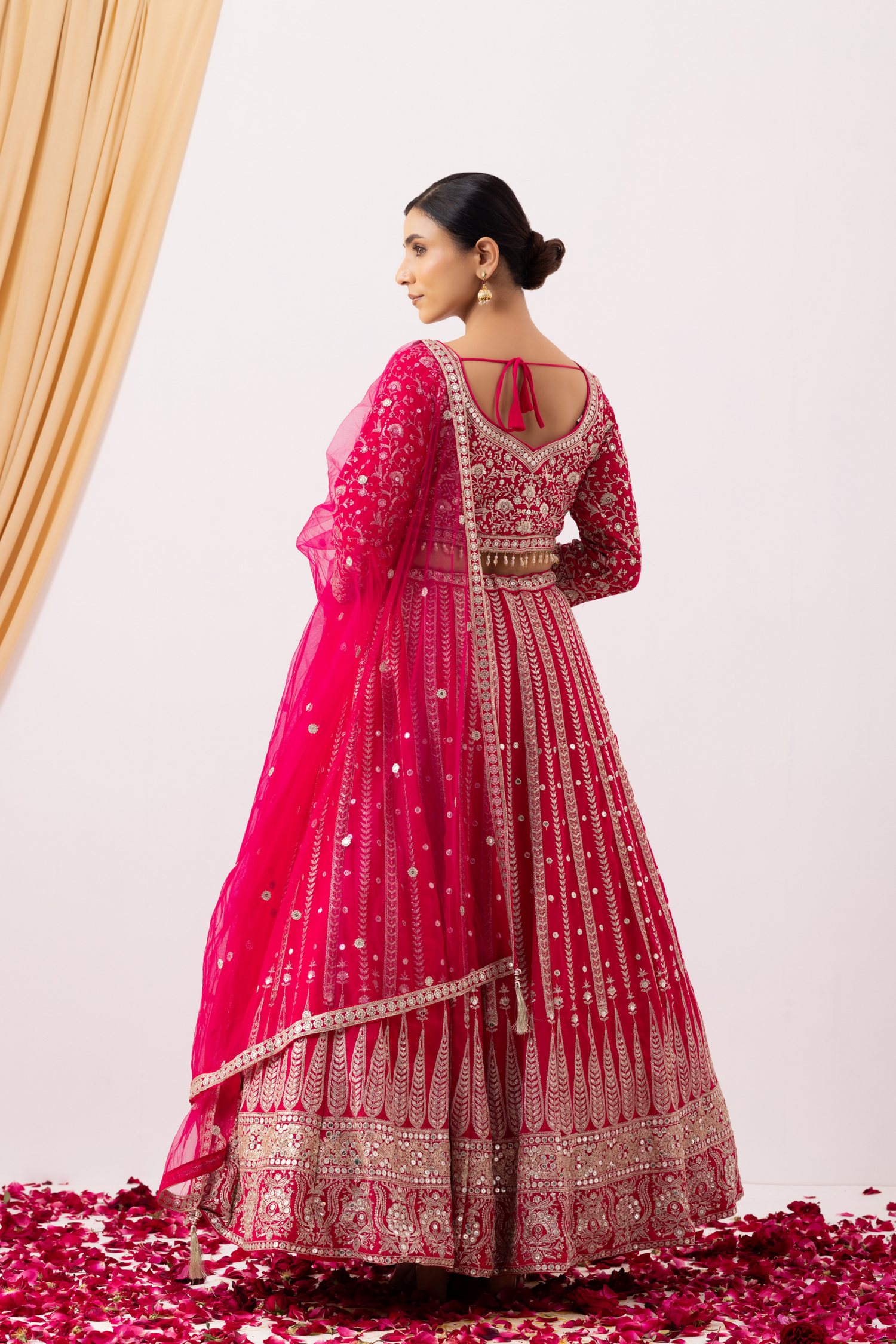 Magenta Pink Lehenga Set with Zari Embellished Blouse and Embellished Cape