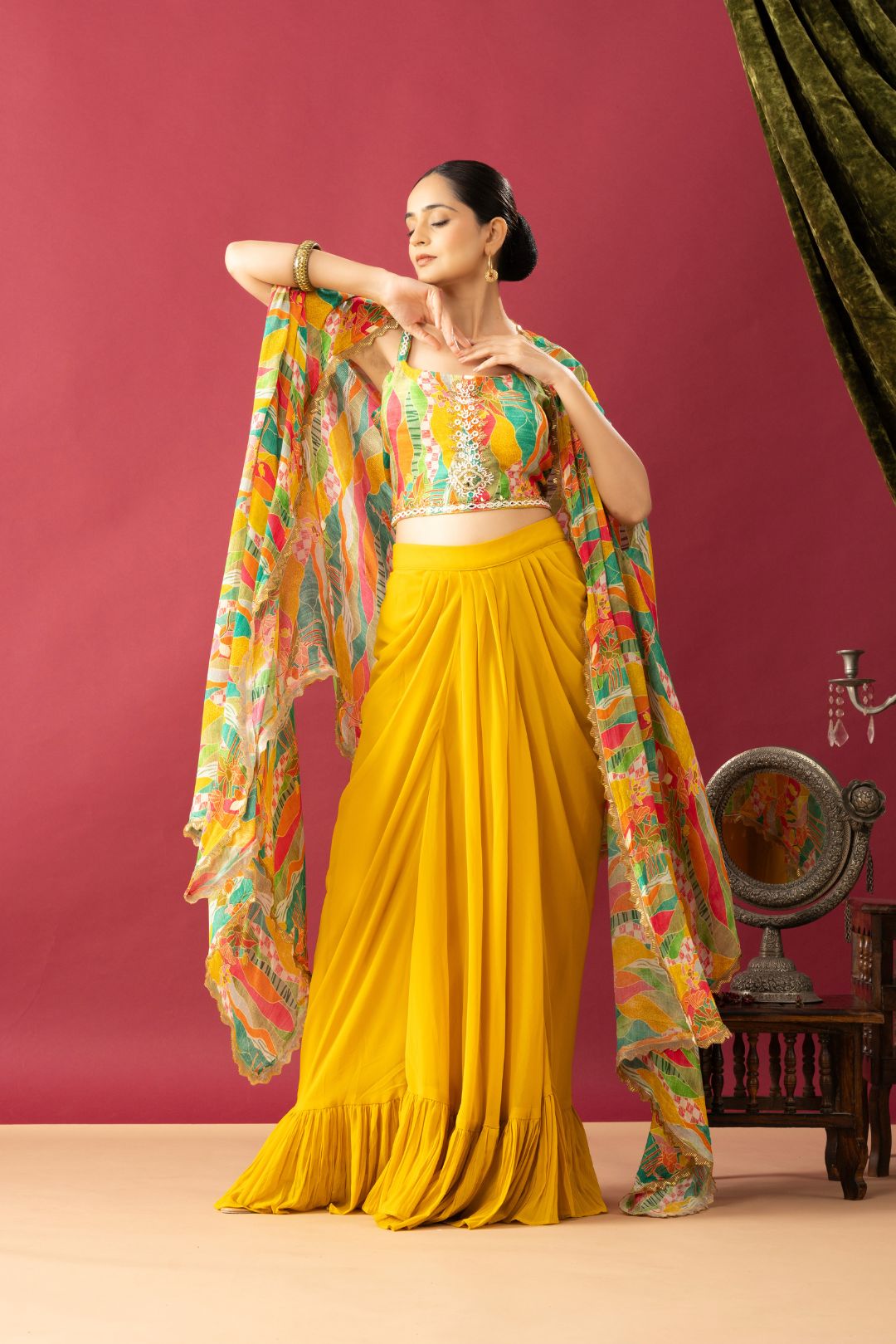 Mustard Yellow Cowl Skirt Set with Multicolor Cape