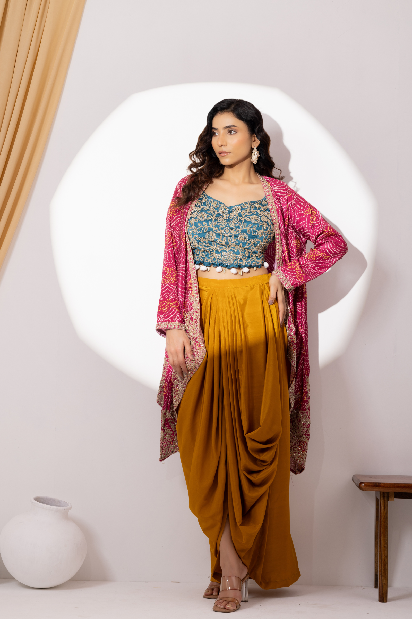 Yellow Draped Fusion Set with Bandhej Cape Set