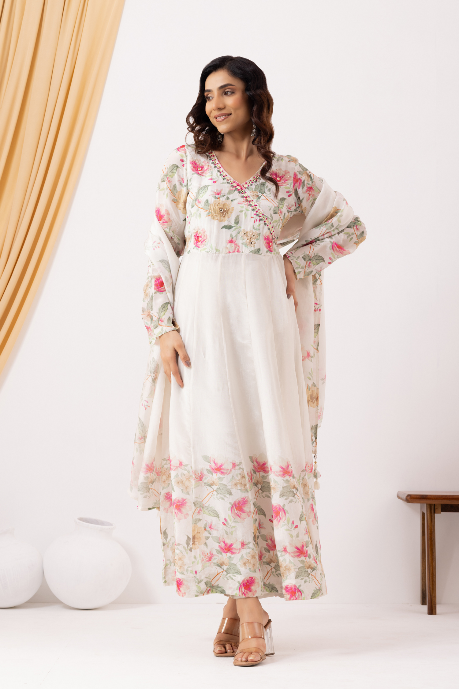 Pearl white Printed &amp; Hand Embroidered Anarkali Set