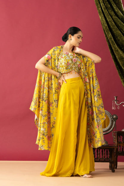 Indo Western Palazzo Set with Floral Printed Cape