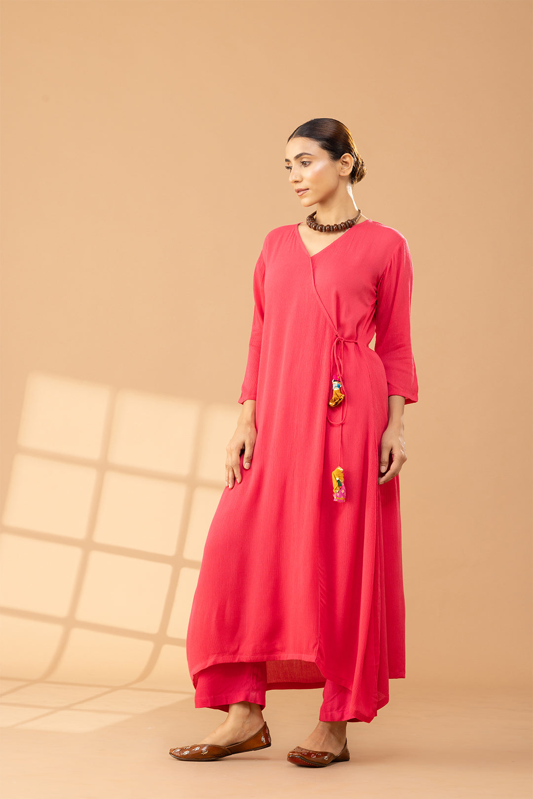 Bright Pink Cotton Angrakha Kurta Set