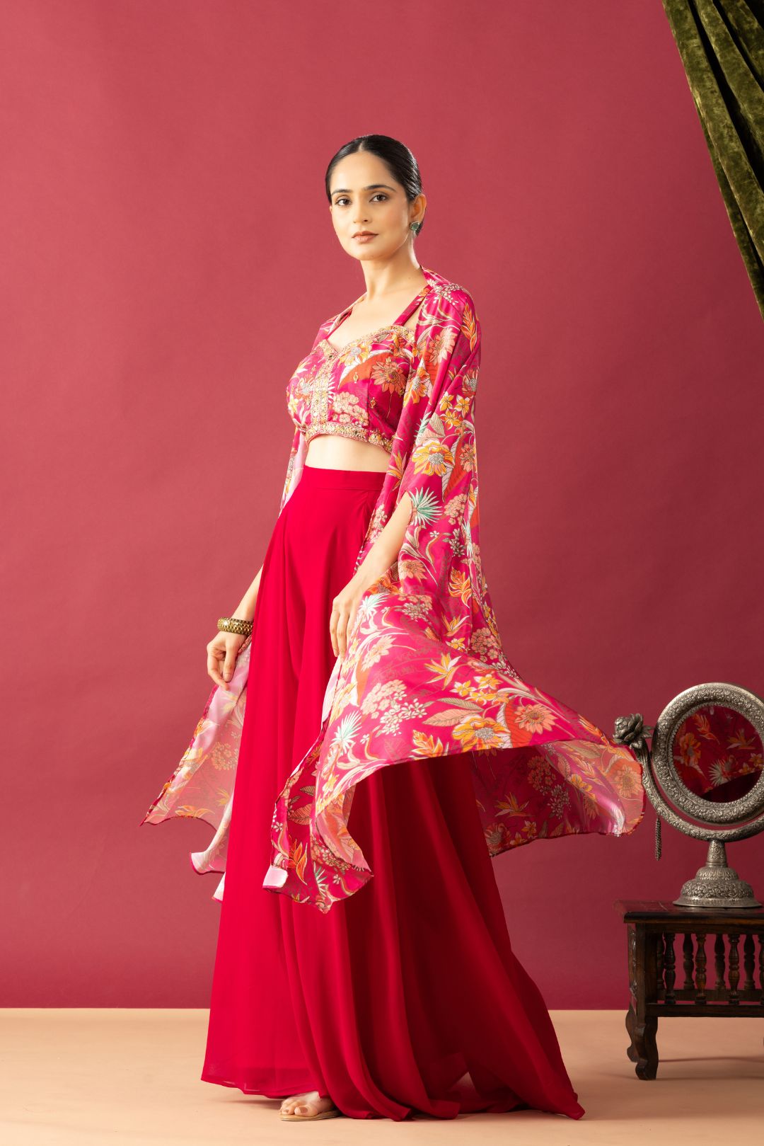 Pink Georgette Palazzo Set with Floral Cape