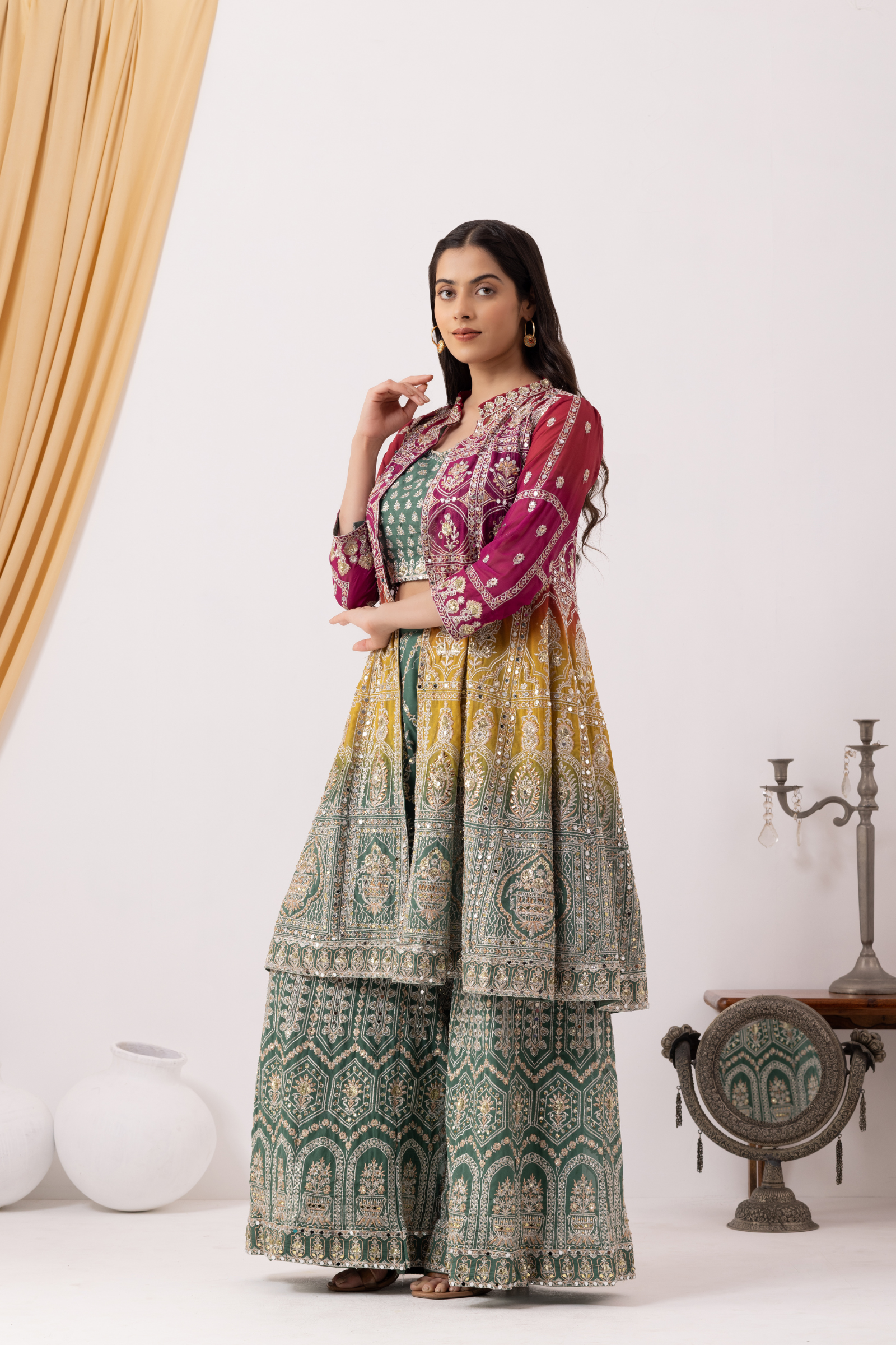 Georgette Dusty Green Designer Sharara Suit Set with Jacket