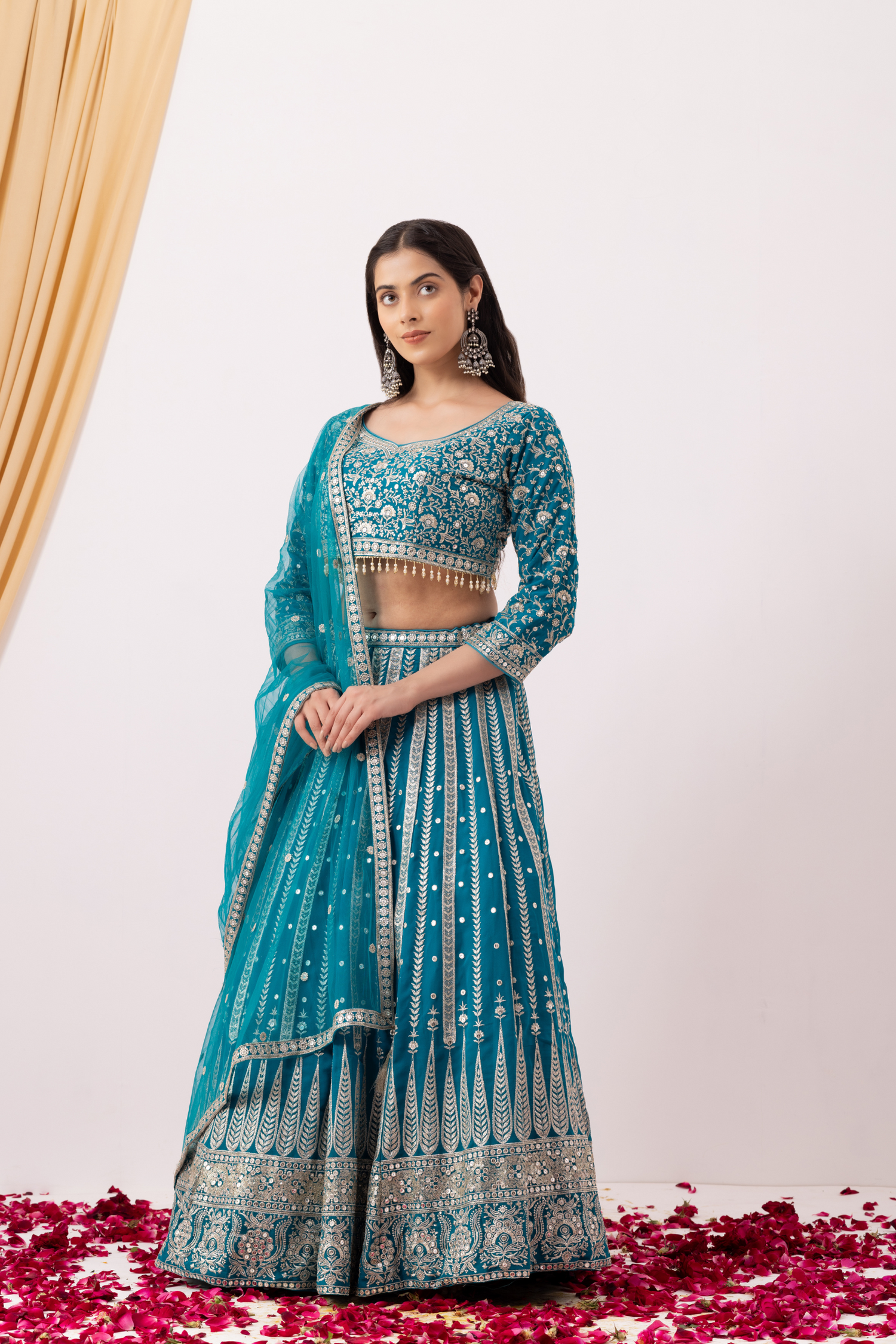 Turquoise Blue Lehenga Set with Zari Embellished Blouse and Embellished Cape