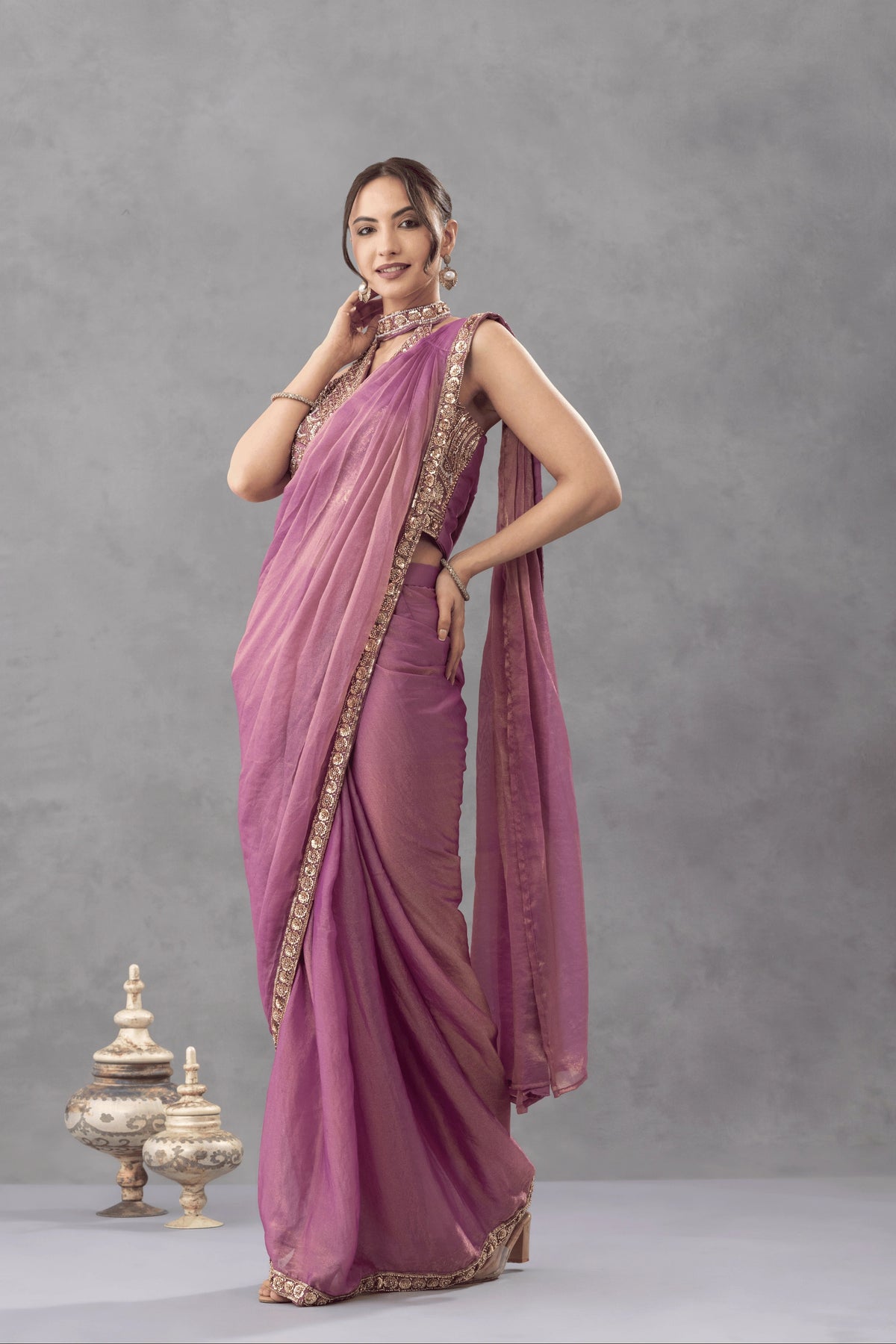 Mauve Draped Saree with Embellished Blouse