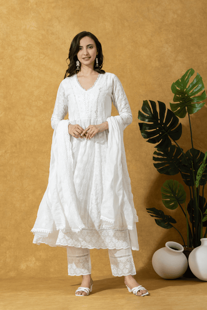 Ivory Embroidered Chikankari  Anarkali Suit Set