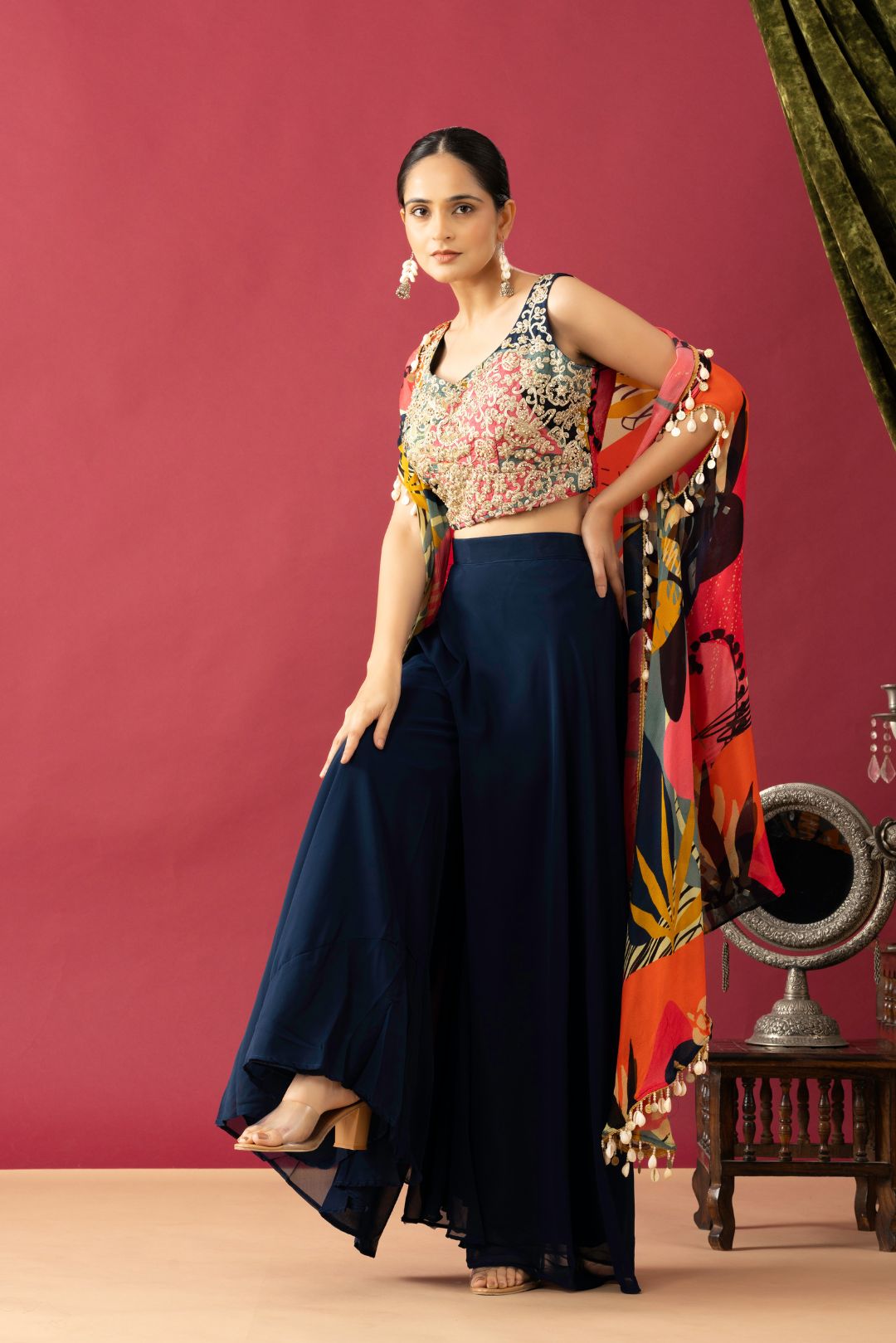 Blue Pallazzo Set with Multicolor Cape