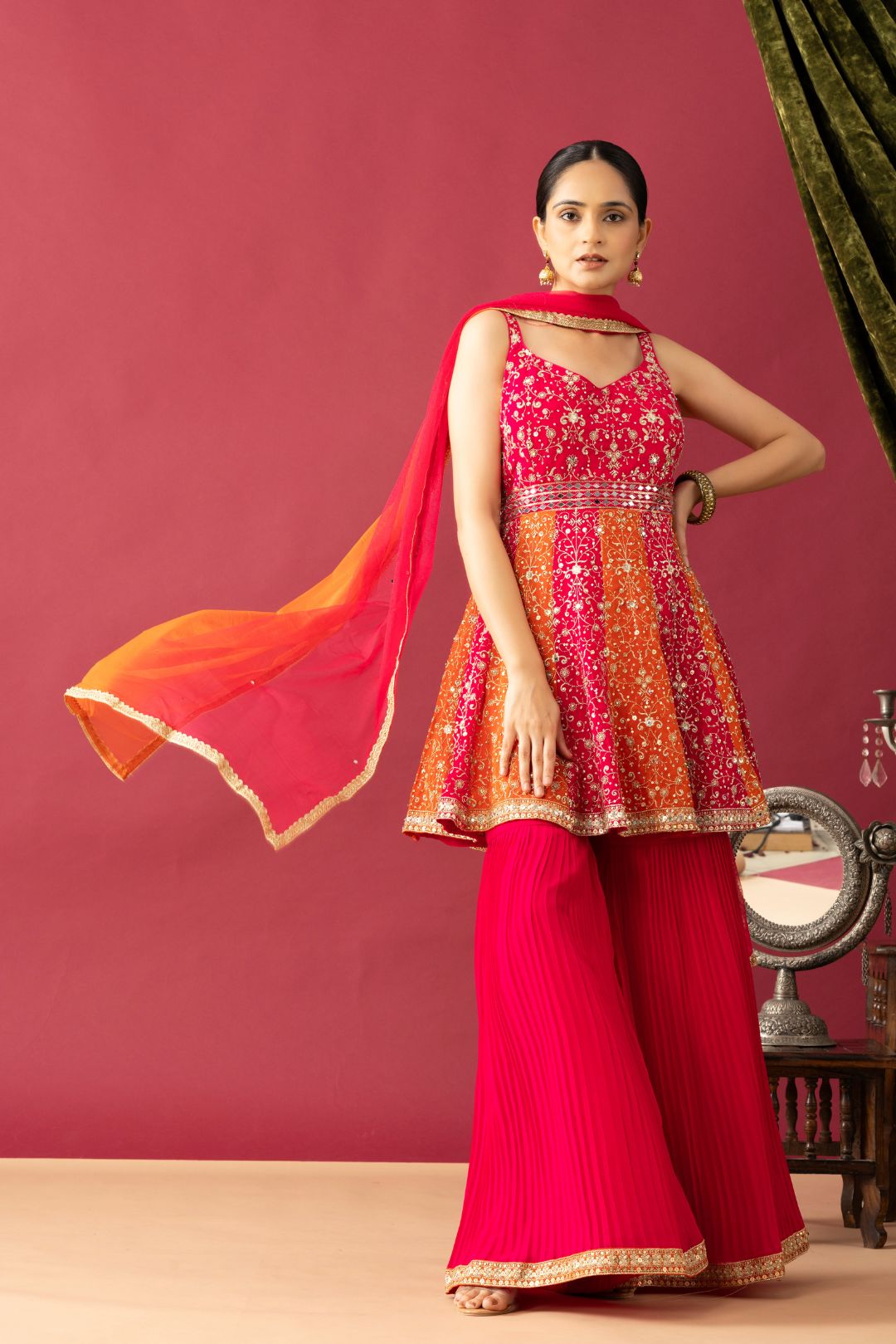 Pink Orange Peplum Sharara Set