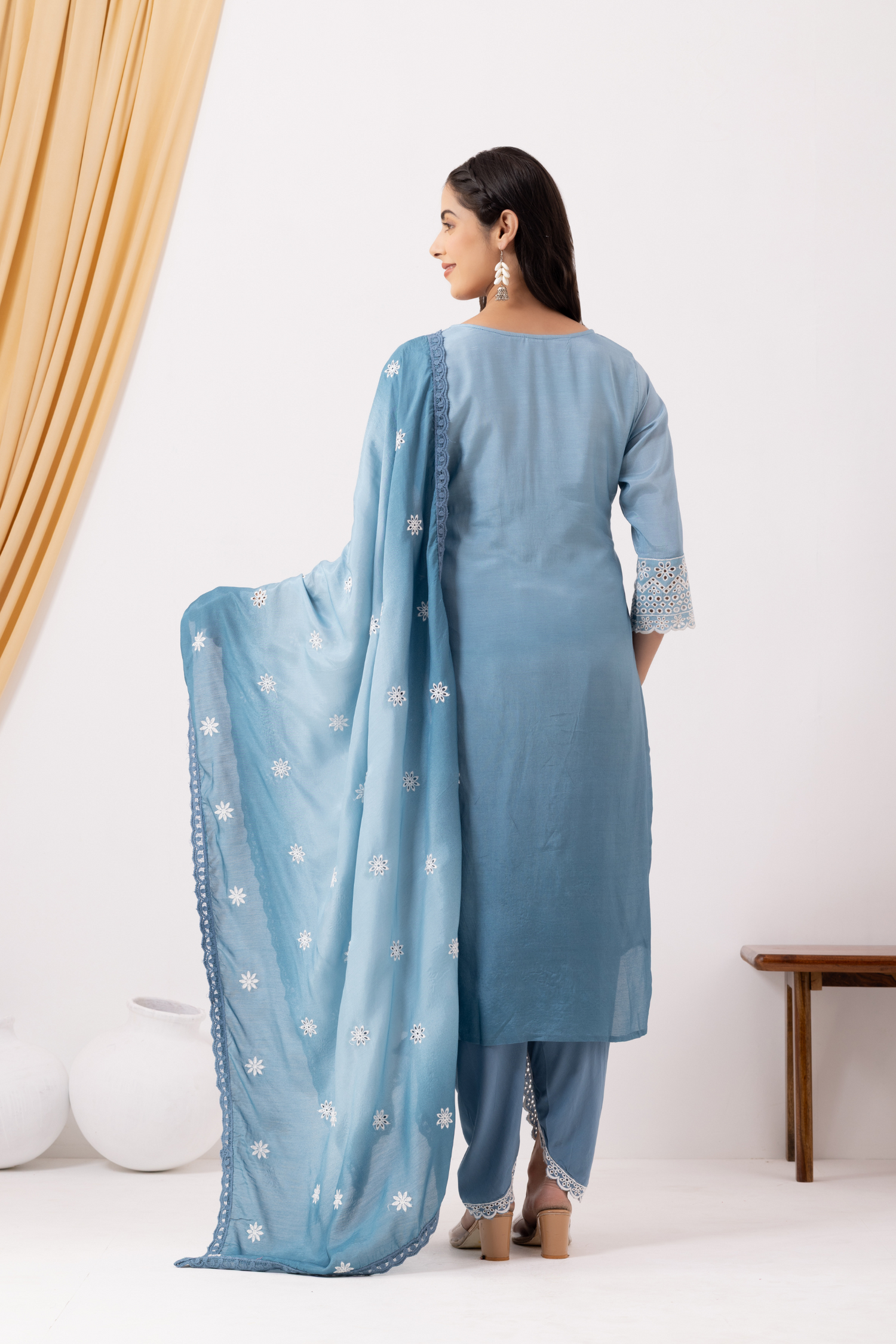 Blue Chikankari Kurta with Tulip Pants Set