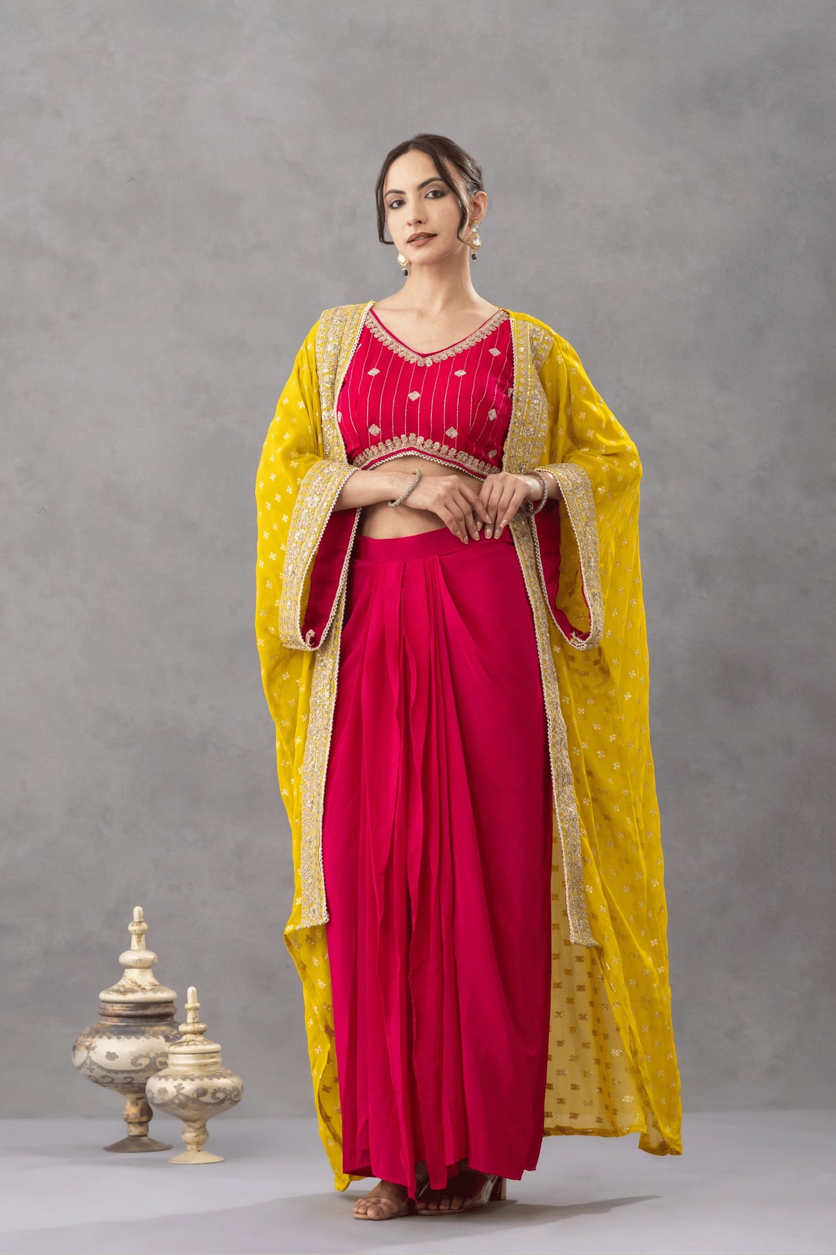 Magenta Pink Draped Skirt Set with Embellished Blouse &amp; Yellow Cape