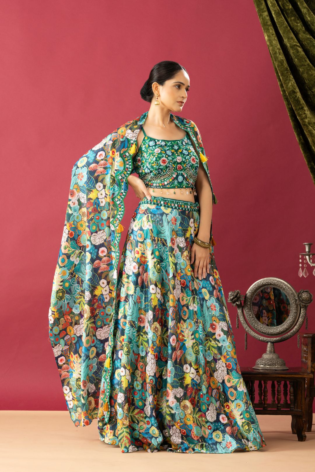 Green Tropical Printed Indo Western Lehenga Cape Set