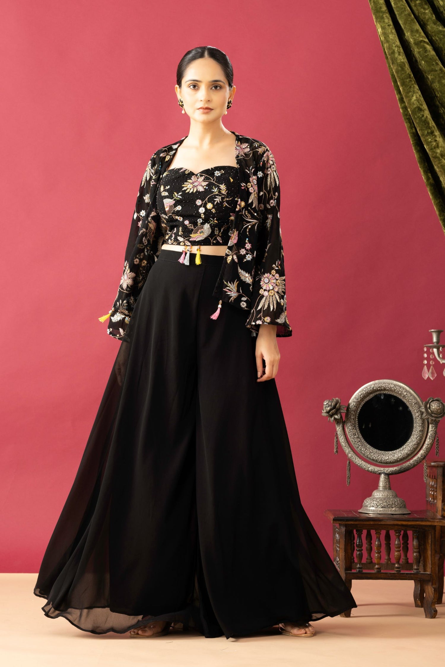 Black Pallazzo Set with Short Embroidered Shrug