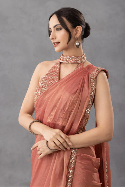 Peach Ombre Draped Saree with Statement Blouse