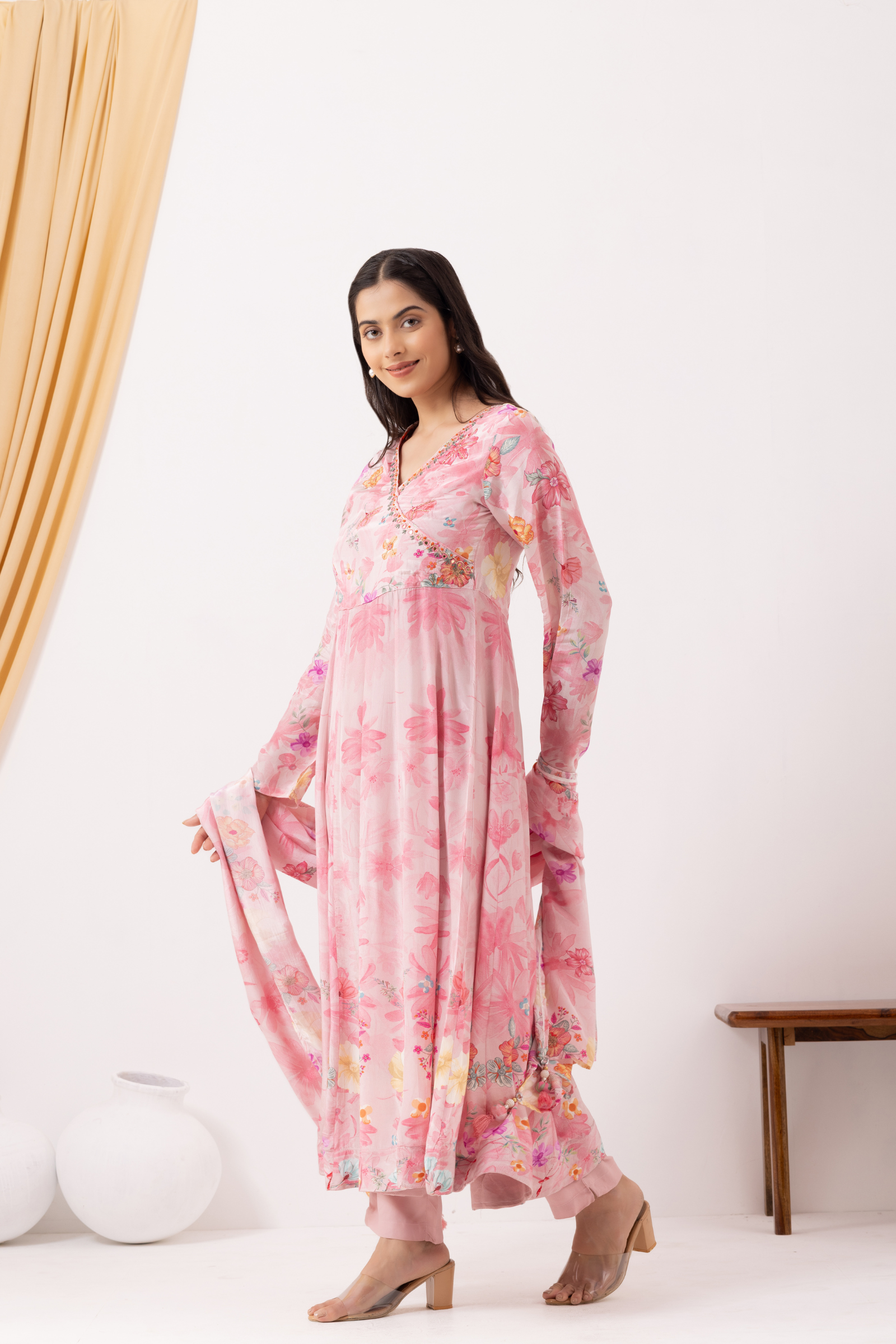 Pink Crepe Printed &amp; Hand Embroidered Angrakha  Style Anarkali Set