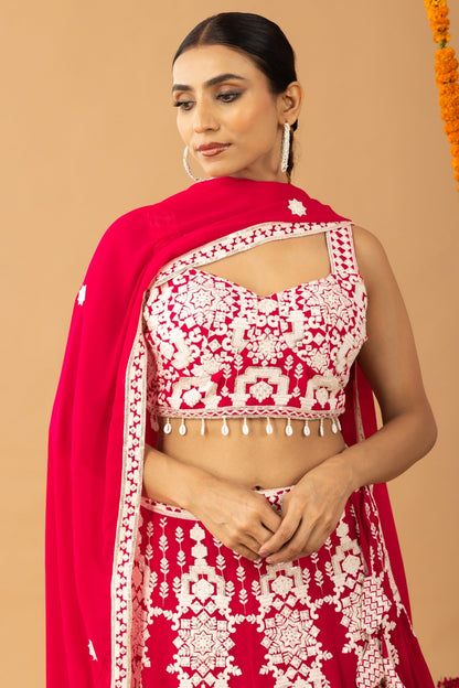 Hot Red Embroidered Lehenga Set