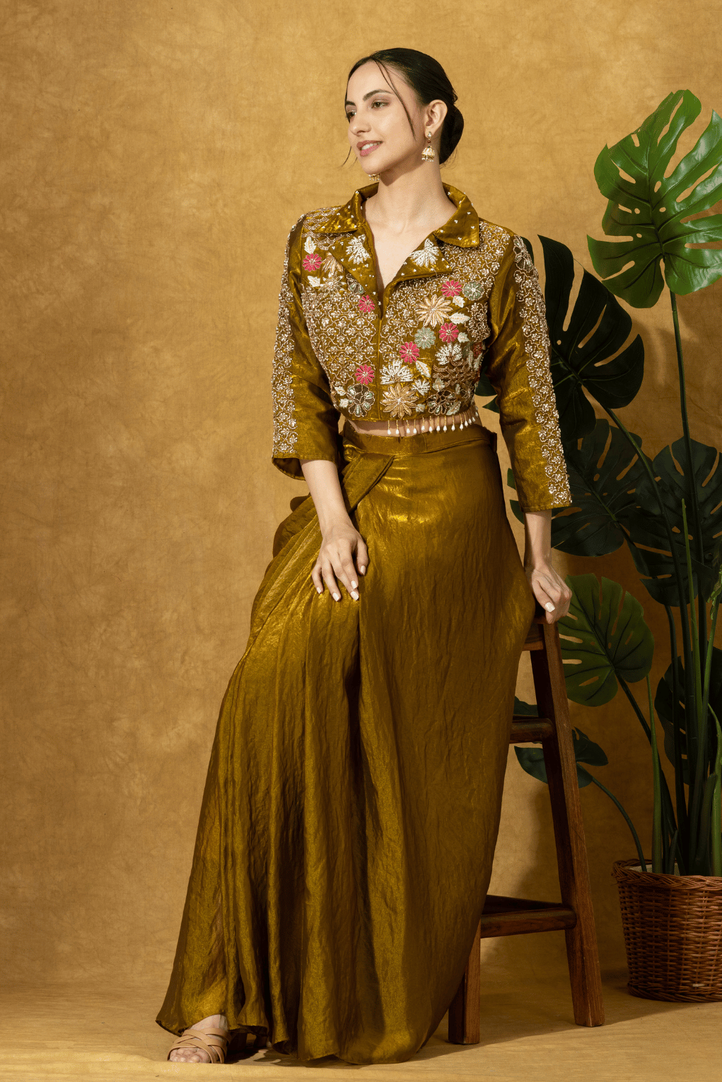 Bronze Gold Fusion Skirt Set with Hand Embroidered Jacket Blouse