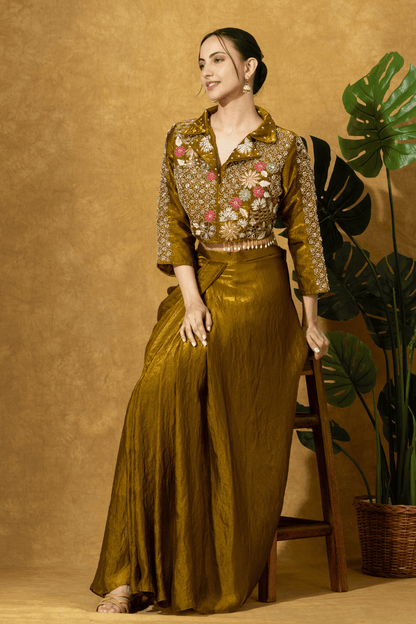 Bronze Gold Fusion Skirt Set with Hand Embroidered Jacket Blouse