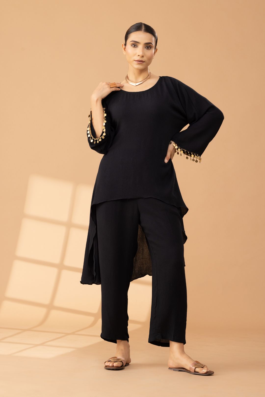 Black Asymmetric Cotton Tunic With Pants