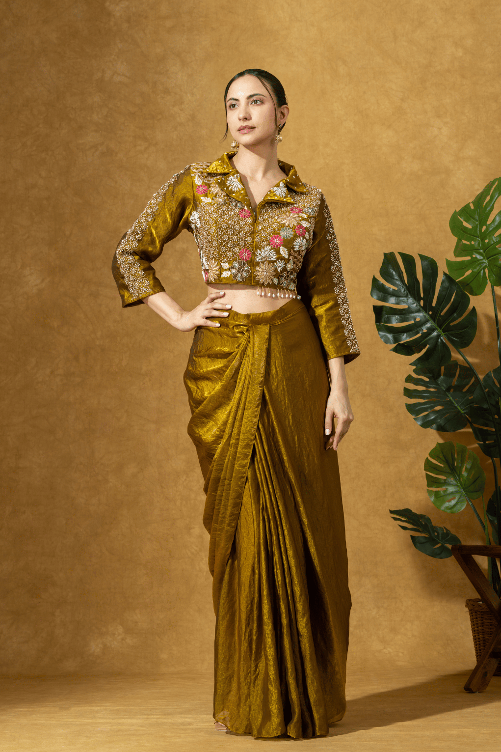 Bronze Gold Fusion Skirt Set with Hand Embroidered Jacket Blouse