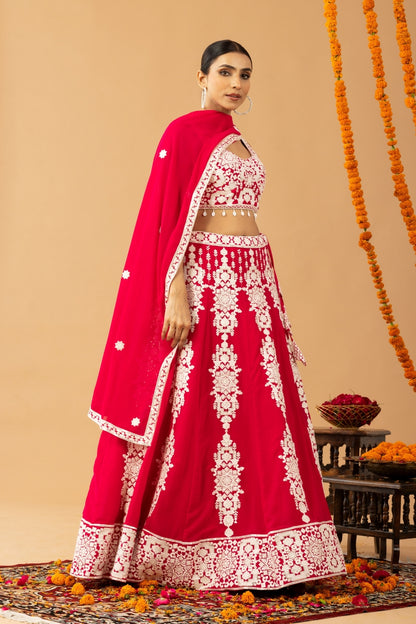 Hot Red Embroidered Lehenga Set