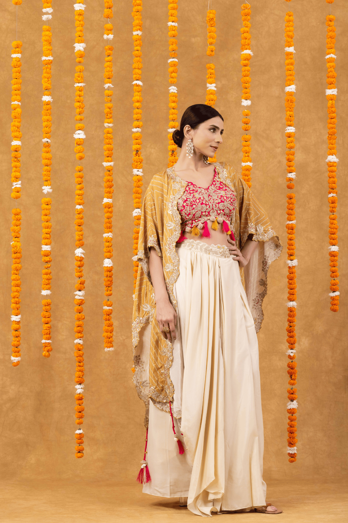 Golden Mustard Cape with Fuchsia Embroidered Blouse &amp; Ivory Drape Skirt