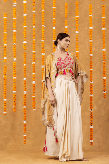 Golden Mustard Cape with Fuchsia Embroidered Blouse &amp; Ivory Drape Skirt