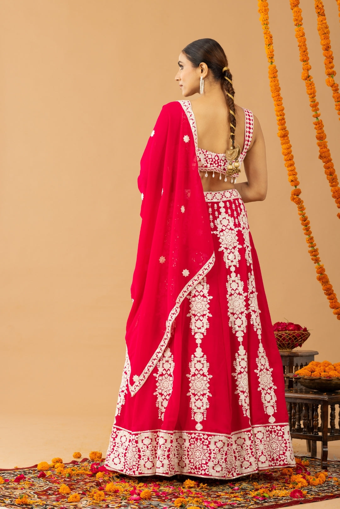 Hot Red Embroidered Lehenga Set