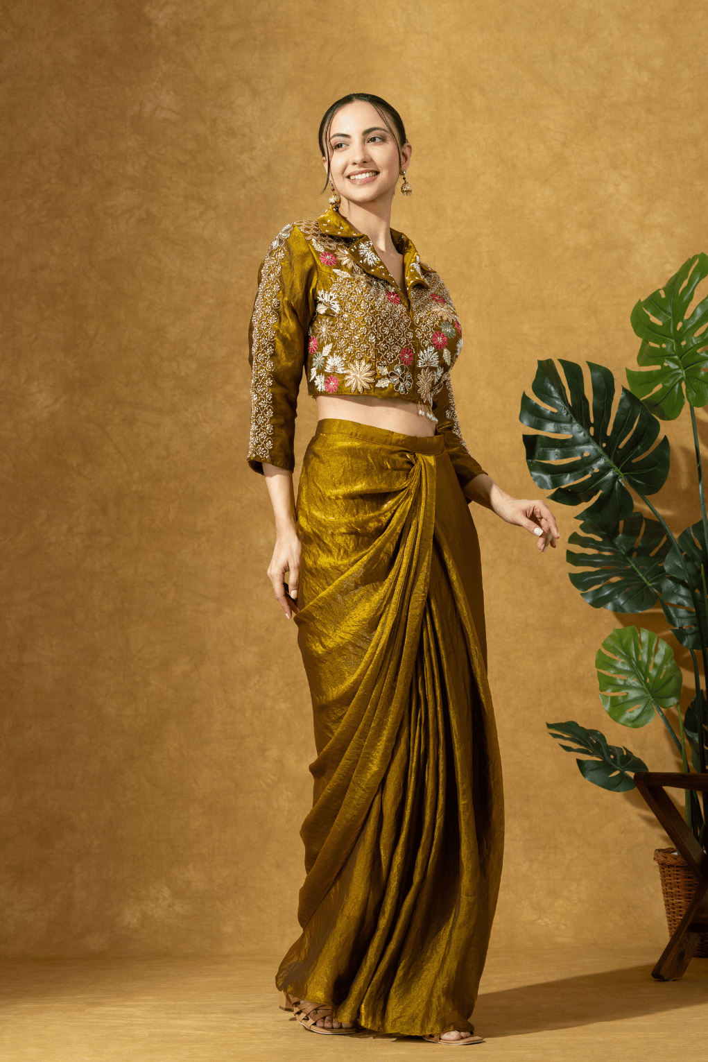 Bronze Gold Fusion Skirt Set with Hand Embroidered Jacket Blouse