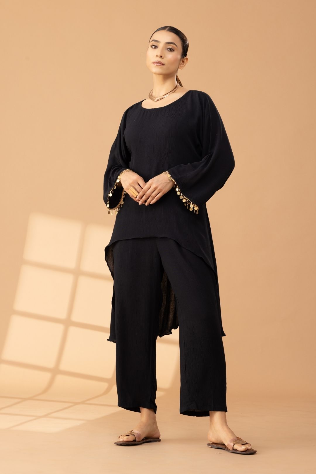 Black Asymmetric Cotton Tunic With Pants