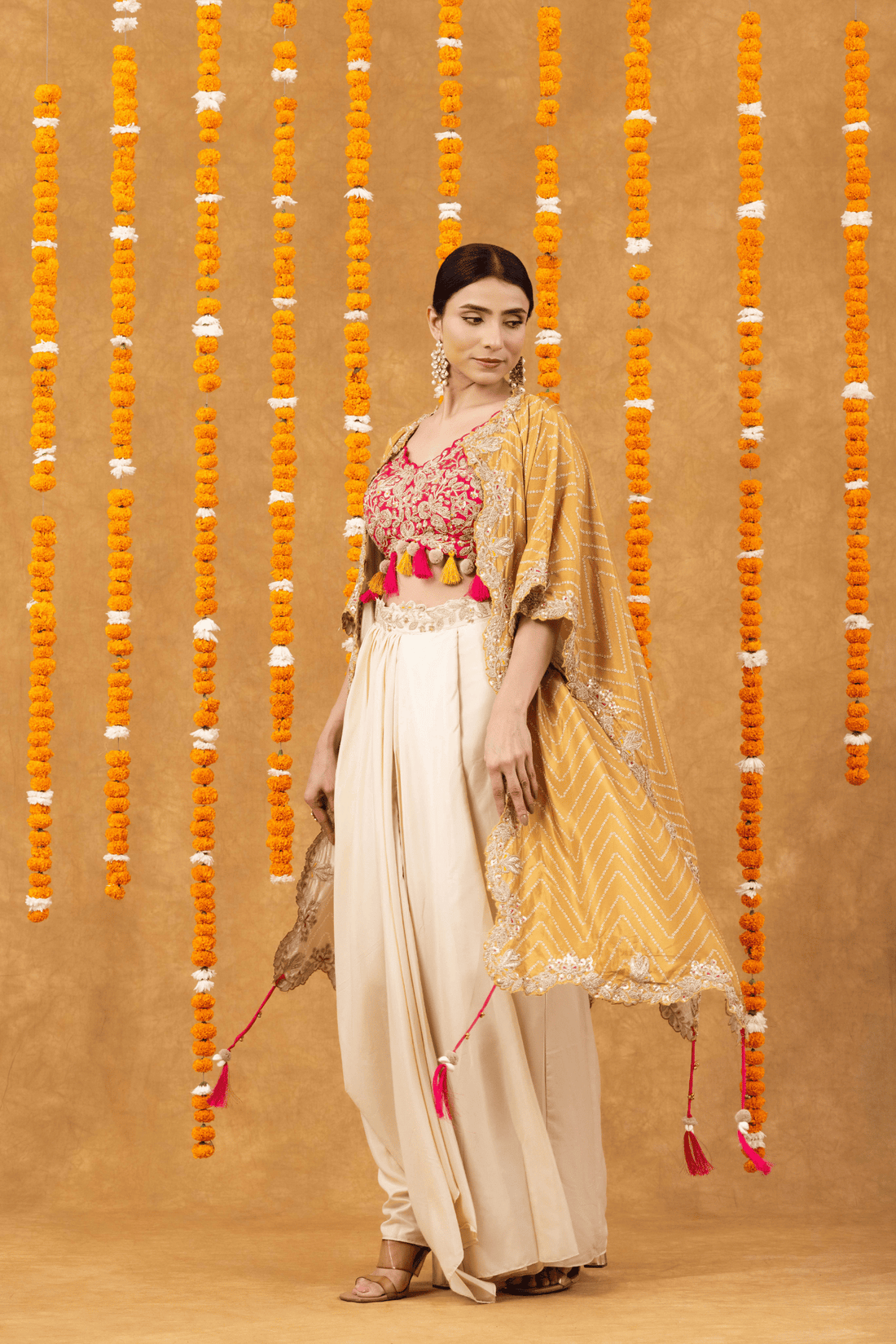 Golden Mustard Cape with Fuchsia Embroidered Blouse &amp; Ivory Drape Skirt