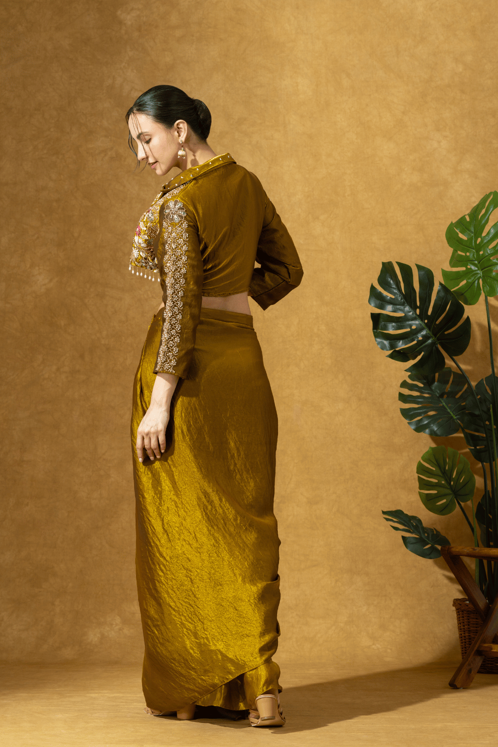Bronze Gold Fusion Skirt Set with Hand Embroidered Jacket Blouse