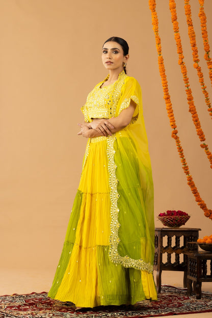 Yellow Green Indo-Western Crop Top Lehenga with Shrug