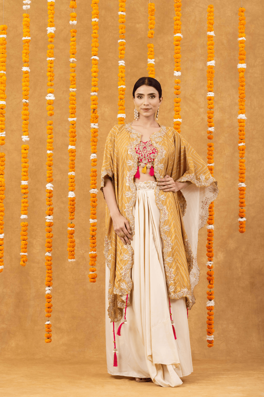 Golden Mustard Cape with Fuchsia Embroidered Blouse &amp; Ivory Drape Skirt