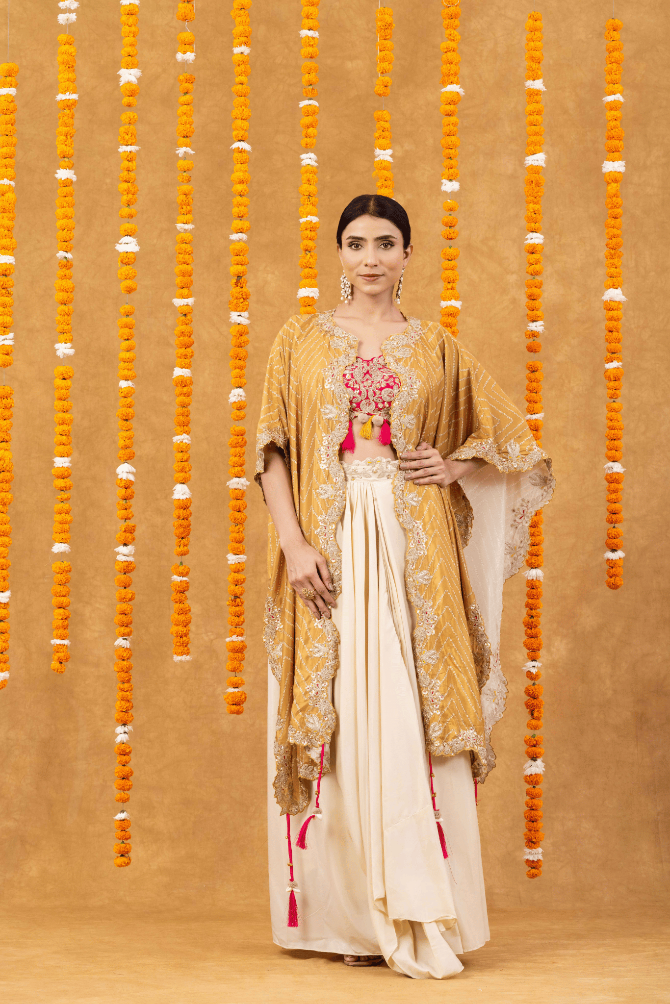 Golden Mustard Cape with Fuchsia Embroidered Blouse &amp; Ivory Drape Skirt