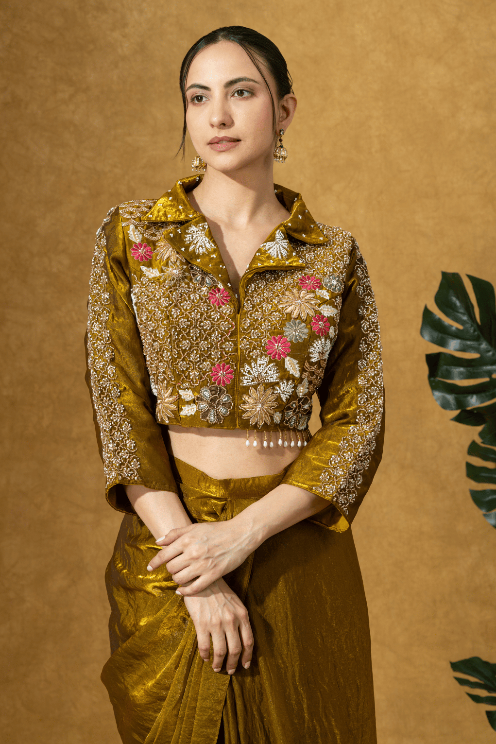Bronze Gold Fusion Skirt Set with Hand Embroidered Jacket Blouse