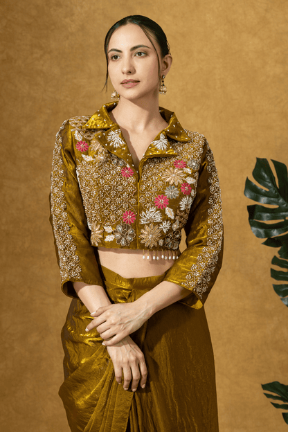 Bronze Gold Fusion Skirt Set with Hand Embroidered Jacket Blouse