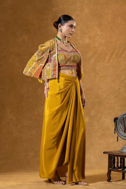 Mustard Yellow Skirt with Embroidered Crop Top &amp; Jacket