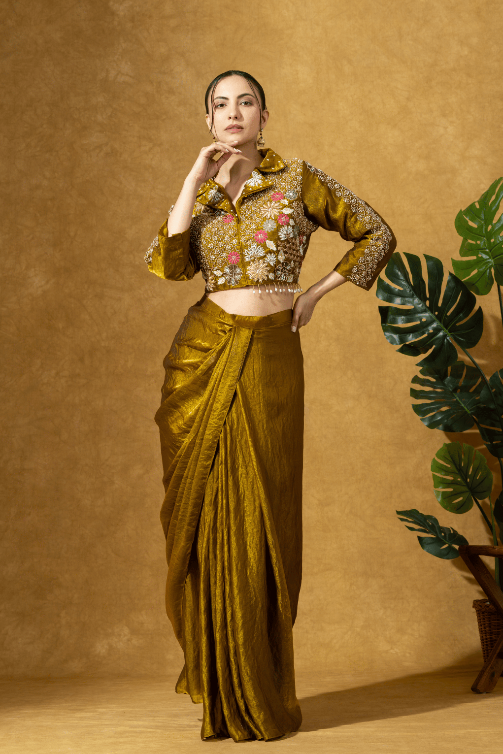 Bronze Gold Fusion Skirt Set with Hand Embroidered Jacket Blouse
