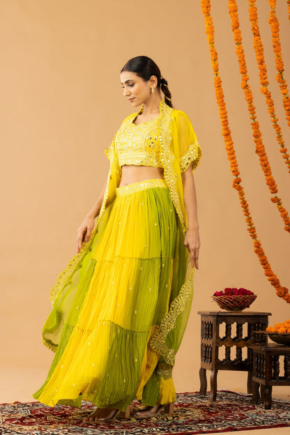 Yellow Green Indo-Western Crop Top Lehenga with Shrug