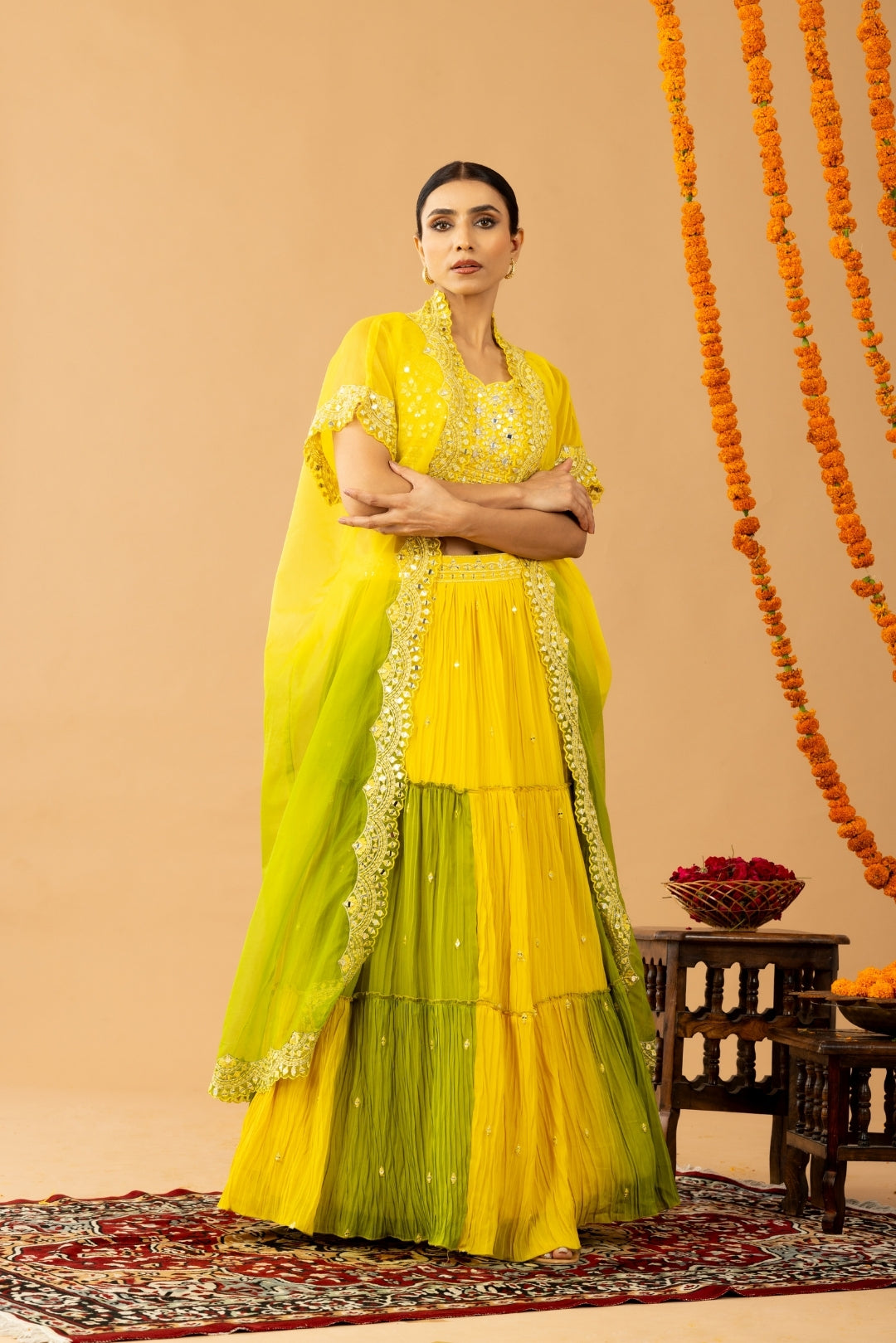 Yellow Green Indo-Western Crop Top Lehenga with Shrug