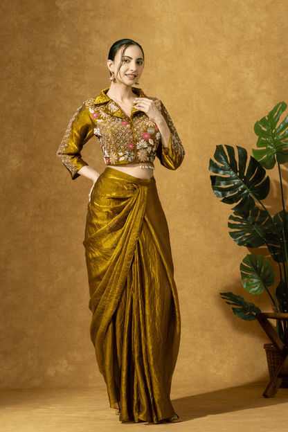 Bronze Gold Fusion Skirt Set with Hand Embroidered Jacket Blouse