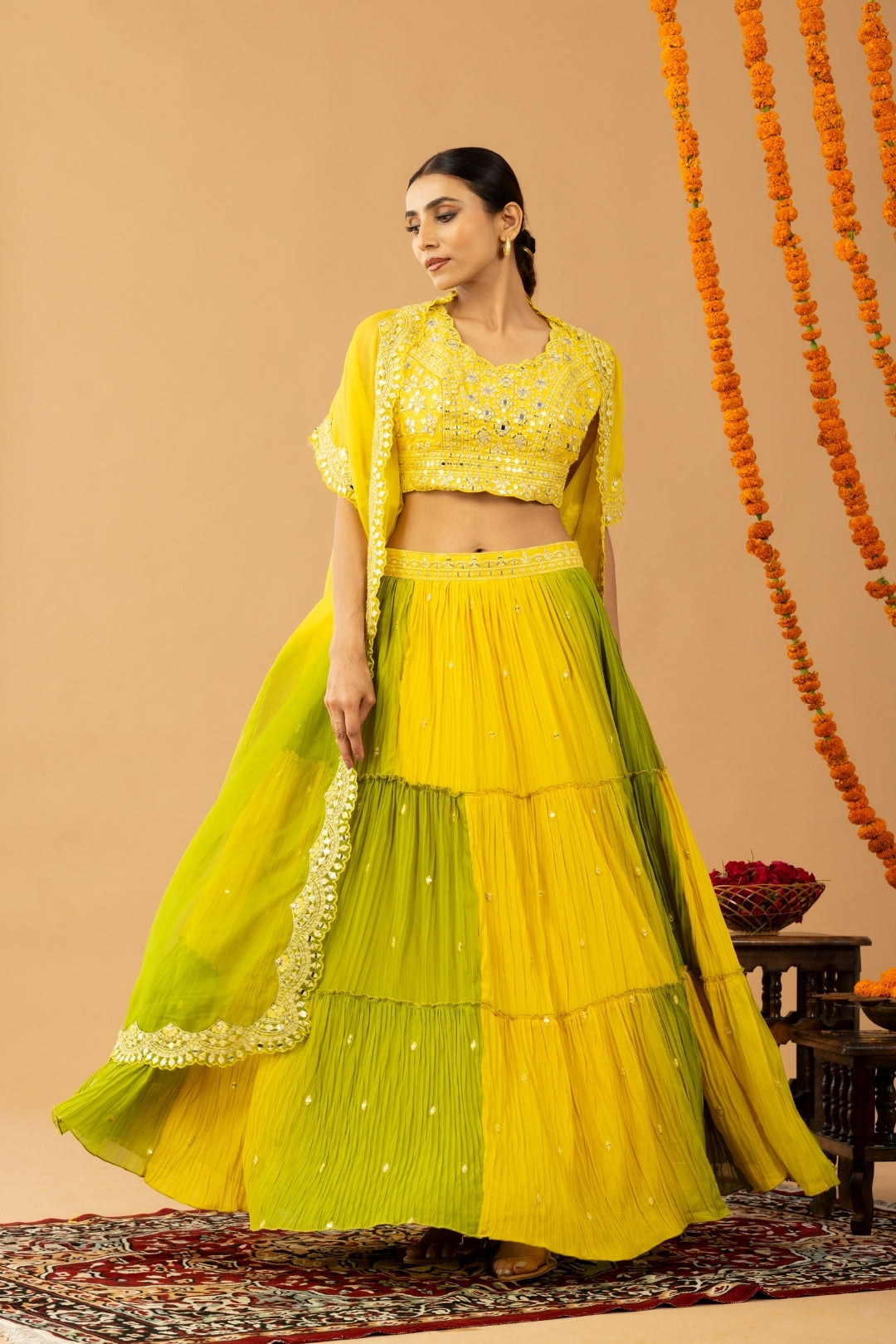 Yellow Green Indo-Western Crop Top Lehenga with Shrug